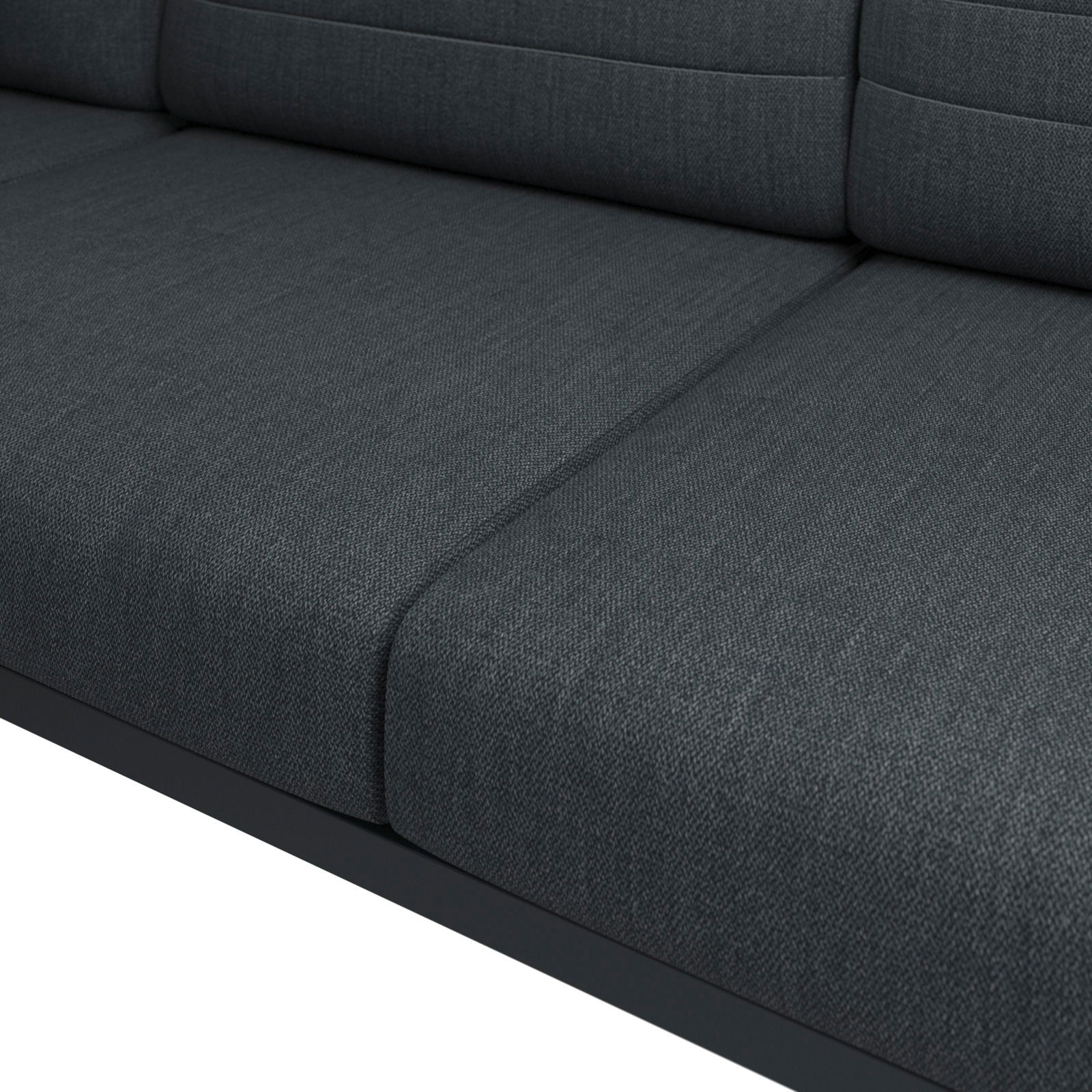 Nahaufnahme einer dunkelgrauen Loungegarnitur mit texturierter Oberfläche, seitliche Perspektive