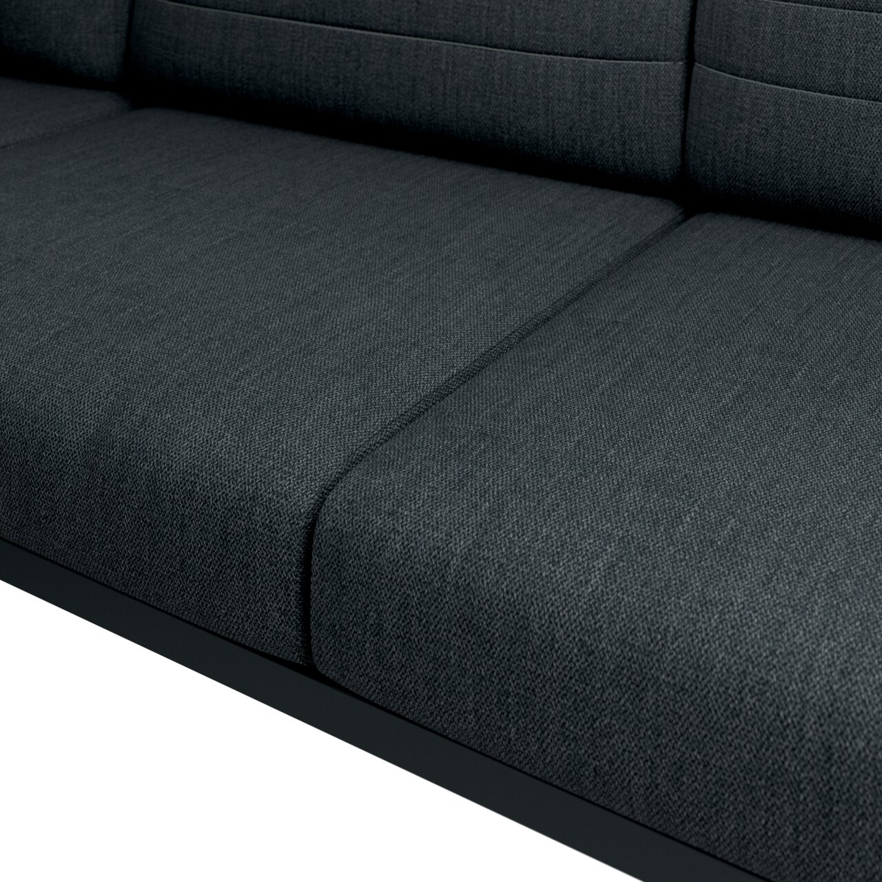 Nahaufnahme einer dunkelgrauen Loungegarnitur mit texturierter Oberfläche, seitliche Perspektive