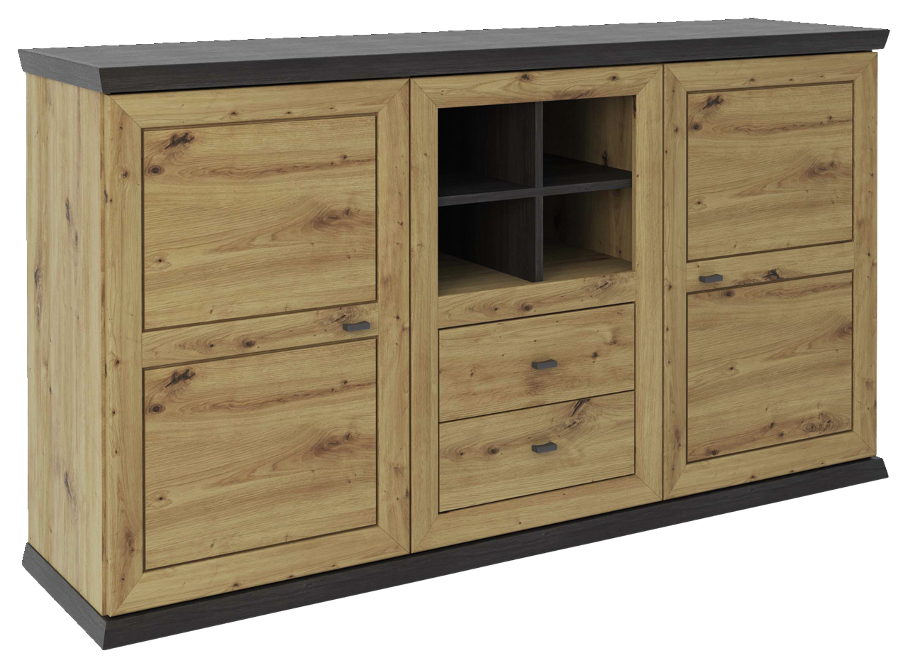 Hom´in Sideboard BENTON Holz-Sideboard mit zwei Türen, zwei Schubladen und offenen Fächern, Perspektive von vorne links