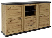 Holz-Sideboard mit zwei Türen, zwei Schubladen und offenen Fächern, Perspektive von vorne links