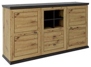 Holz-Sideboard mit zwei Türen, zwei Schubladen und offenen Fächern, Perspektive von vorne links