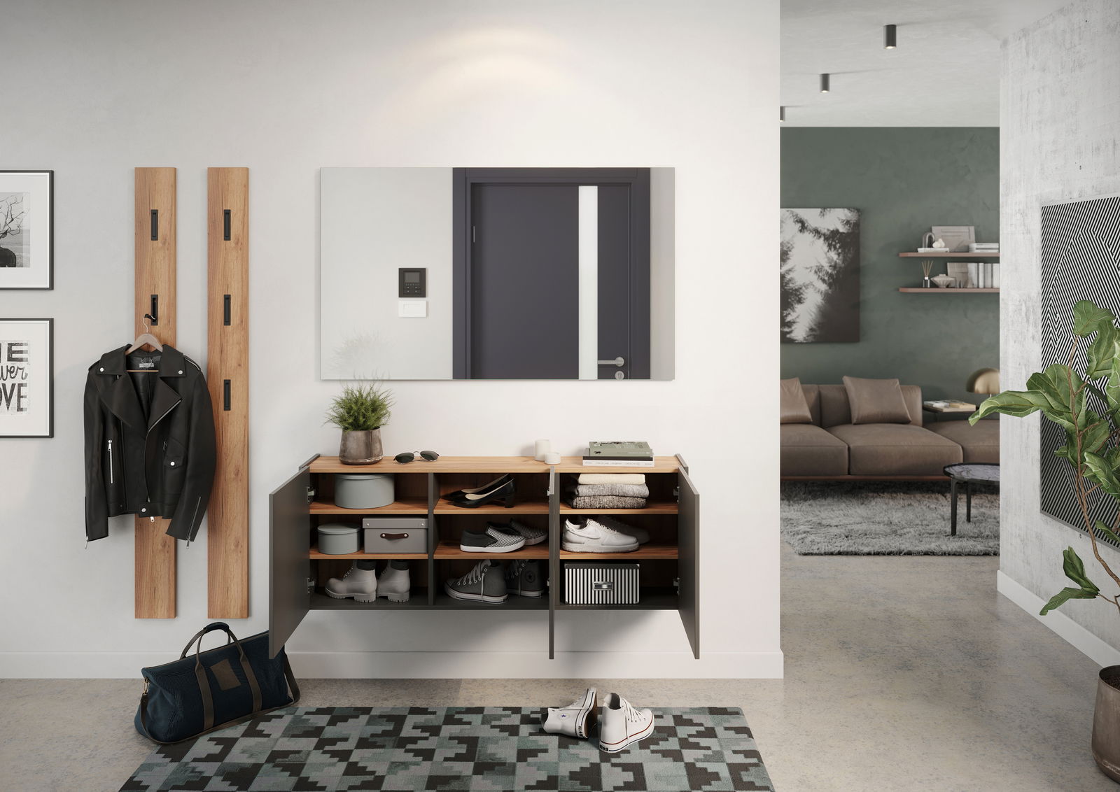 Moderno armario multiusos LIBBIANO en un elegante pasillo, visto de frente, con puertas abiertas y espacio de almacenamiento visible para zapatos y accesorios.