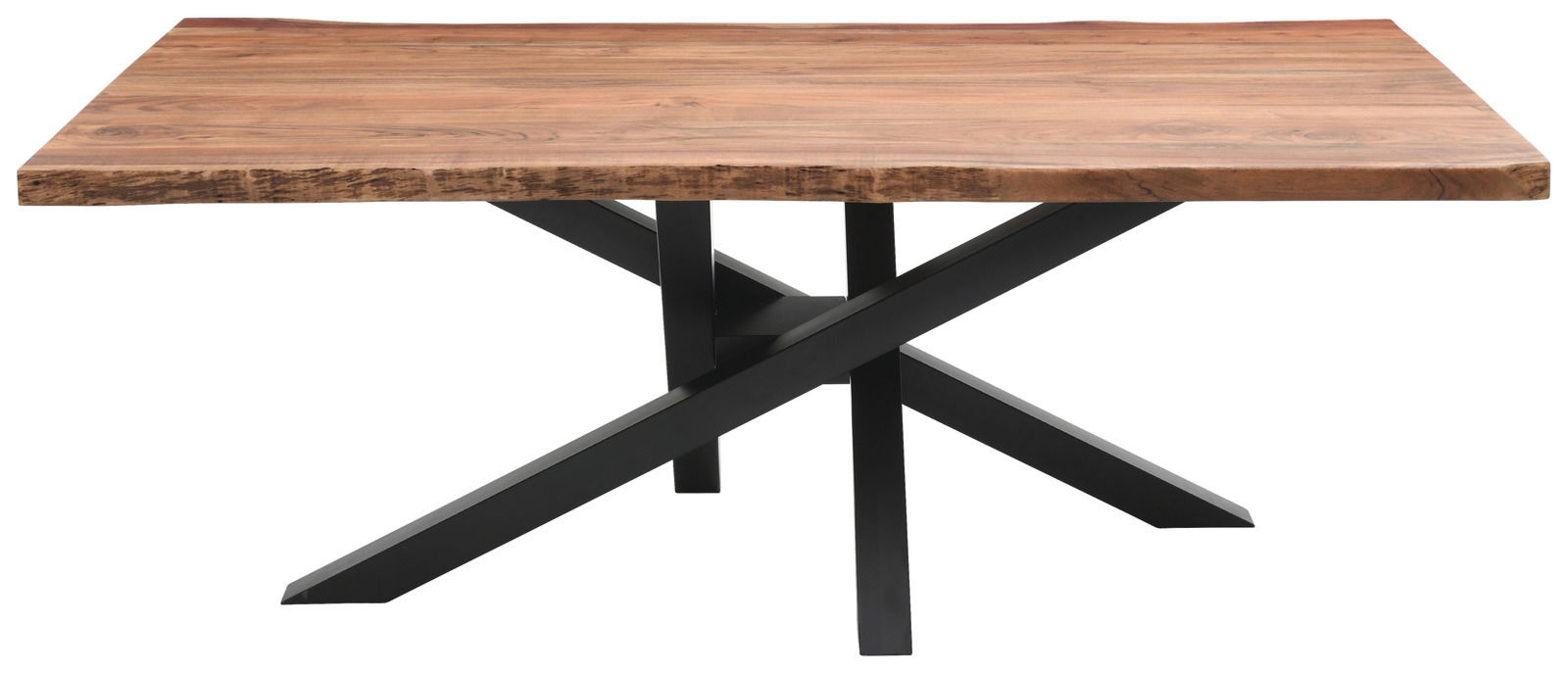 Moderner Esstisch mit Holzplatte und schwarzem Metallgestell, seitliche Perspektive