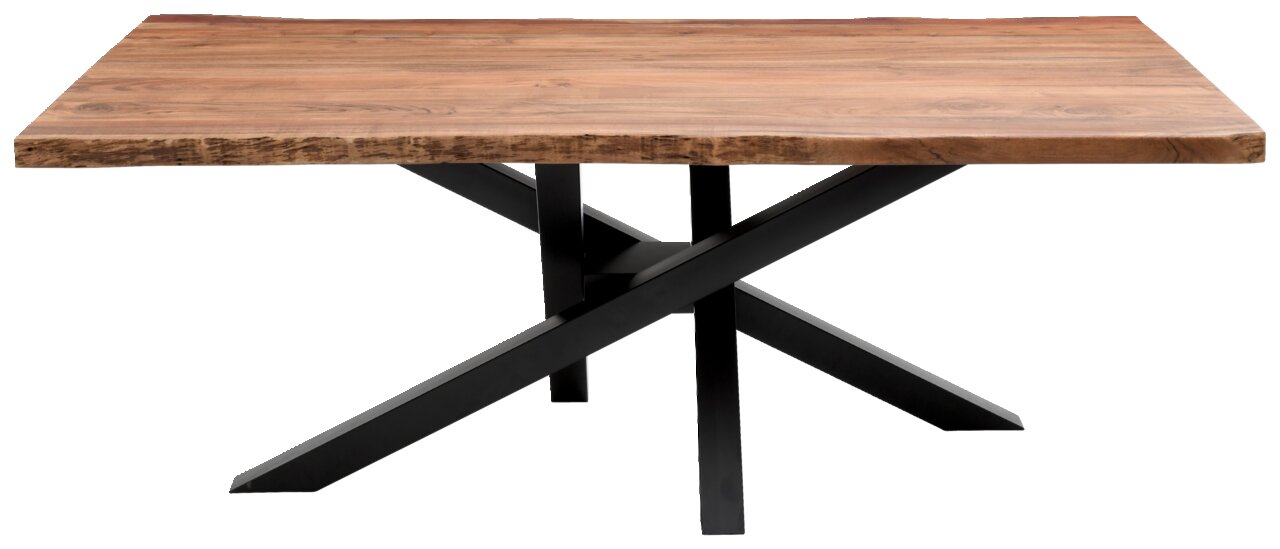 Moderner Esstisch mit Holzplatte und schwarzem Metallgestell, seitliche Perspektive