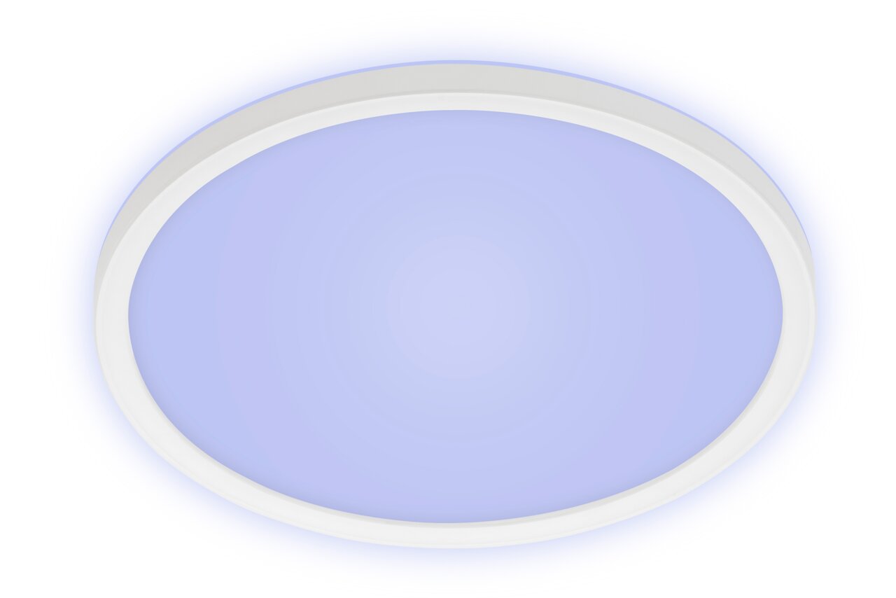 Runde LED-Deckenleuchte mit weißem Rahmen und blauer Lichtabstrahlung, Ansicht von unten