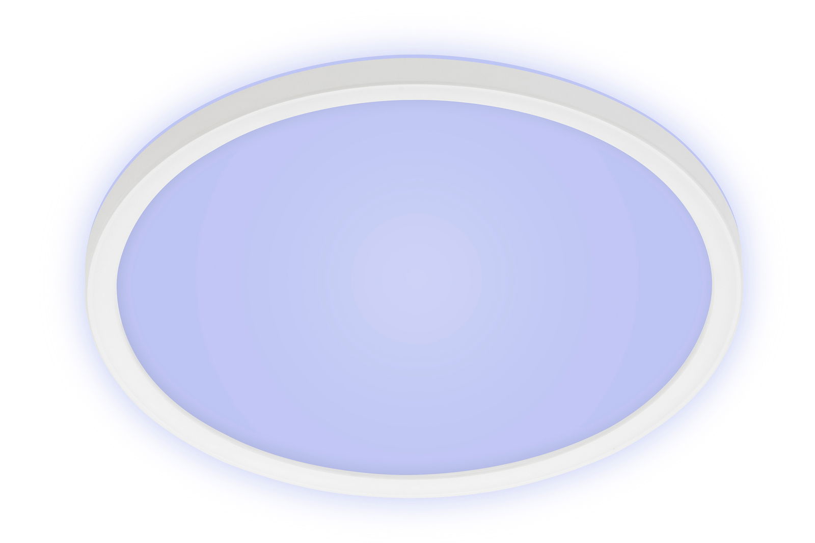 Runde LED-Deckenleuchte mit weißem Rahmen und blauer Lichtabstrahlung, Ansicht von unten