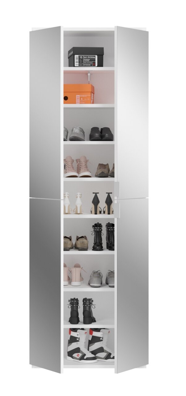 Schrank mit mehreren Regalböden, gefüllt mit verschiedenen Schuhen, aus der Frontalperspektive.