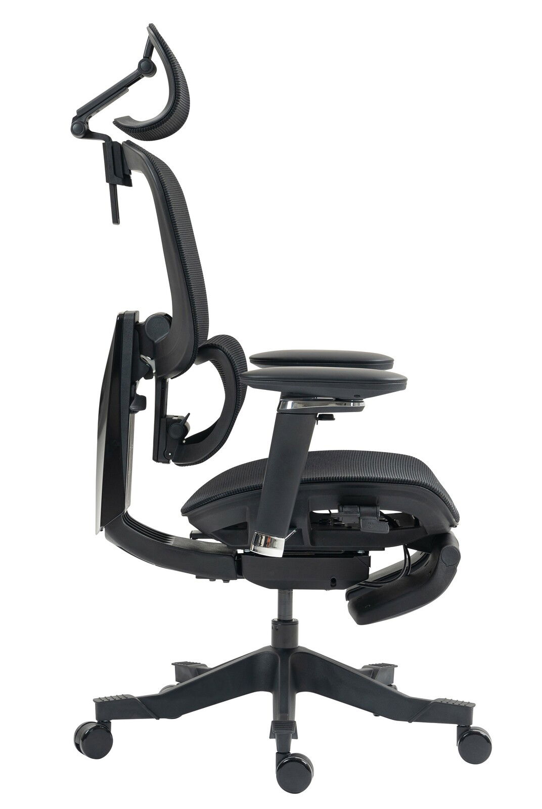 Seitliche Ansicht des schwarzen Drehstuhls Novel DOMINIC mit ergonomischer Rückenlehne und Kopfstütze.