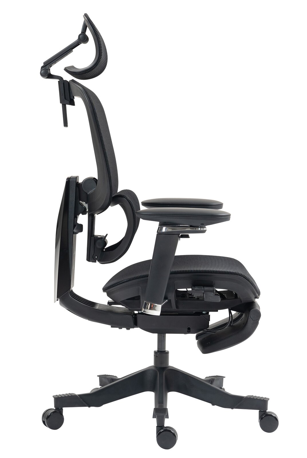 Seitliche Ansicht des schwarzen Drehstuhls Novel DOMINIC mit ergonomischer Rückenlehne und Kopfstütze.