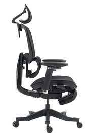 Seitliche Ansicht des schwarzen Drehstuhls Novel DOMINIC mit ergonomischer Rückenlehne und Kopfstütze.