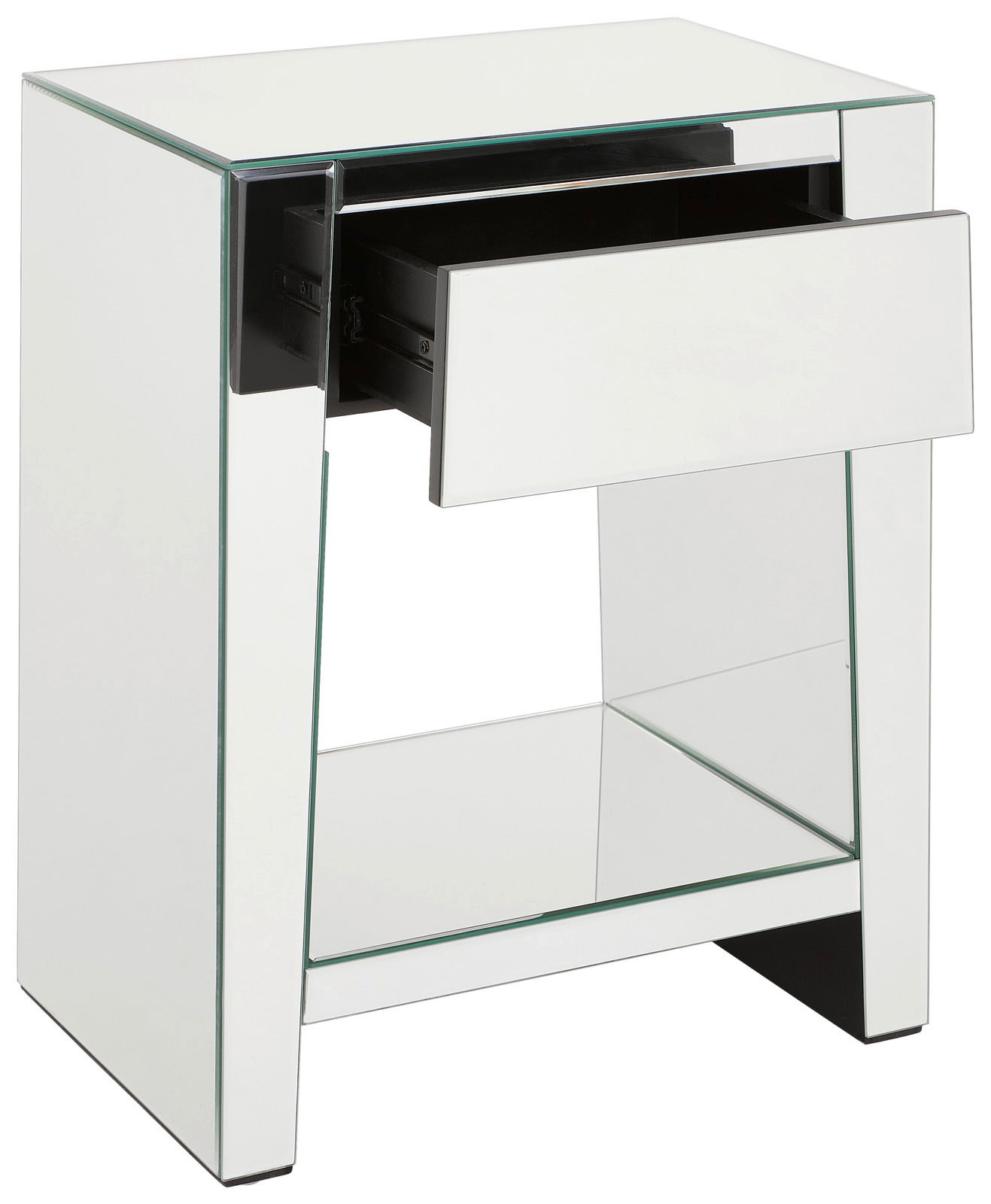 Spiegelnde Nachtkommode mit einer geöffneten Schublade, seitliche Perspektive