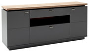 Modernes Sideboard in dunklem Grau mit Holzplatte, seitliche Perspektive