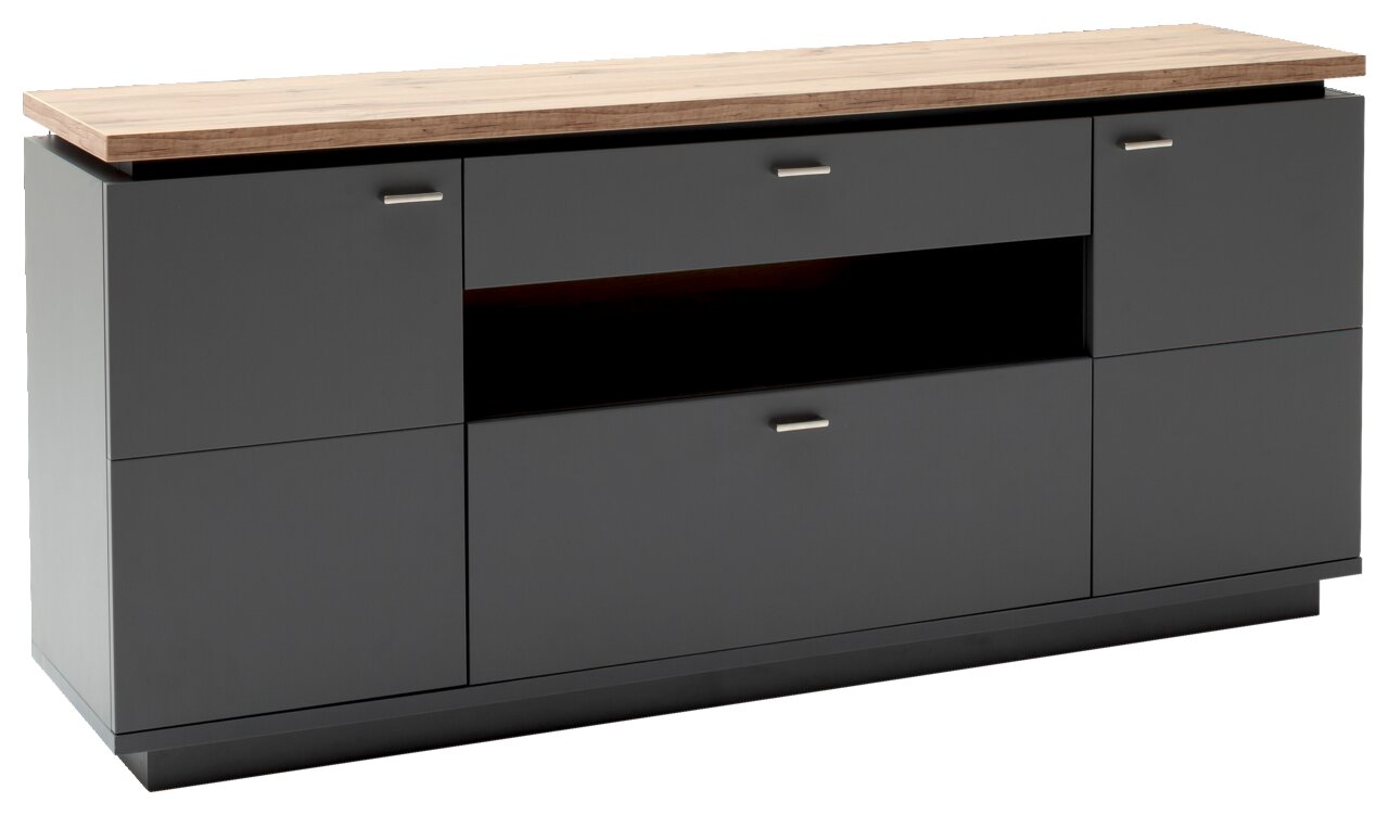 Modernes Sideboard in dunklem Grau mit Holzplatte, seitliche Perspektive