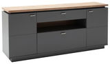 Modernes Sideboard in dunklem Grau mit Holzplatte, seitliche Perspektive