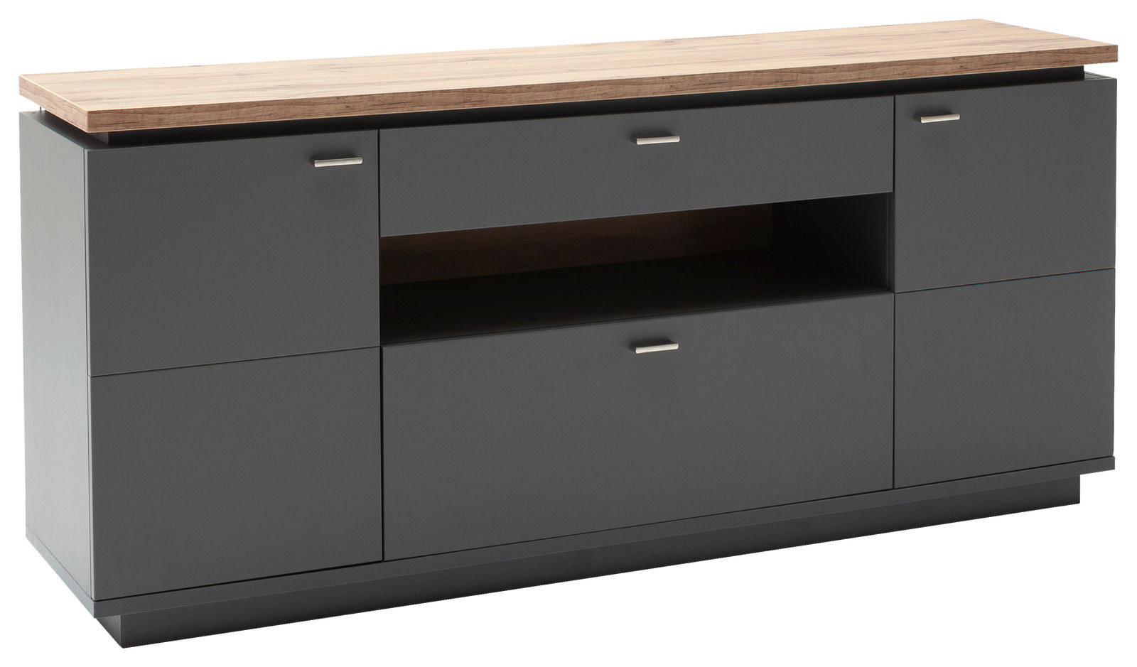 Modernes Sideboard in dunklem Grau mit Holzplatte, seitliche Perspektive