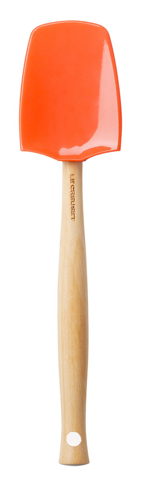 Großer Kochlöffel mit orangefarbenem Silikonkopf und Holzgriff, von oben betrachtet.