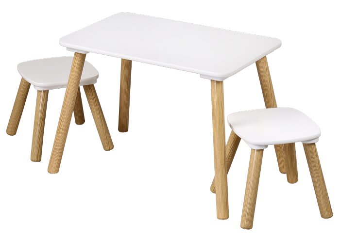 Kinder-Tischset mit rechteckigem weißem Tisch und zwei passenden weißen Hockern mit naturfarbenen Holzbeinen, schräg von vorne in leichter Draufsicht dargestellt