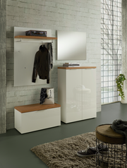 Moderne Garderobeneinrichtung mit weißem Garderobenpaneel, Spiegel und Schuhschrank in einem hellen Raum, seitliche Perspektive