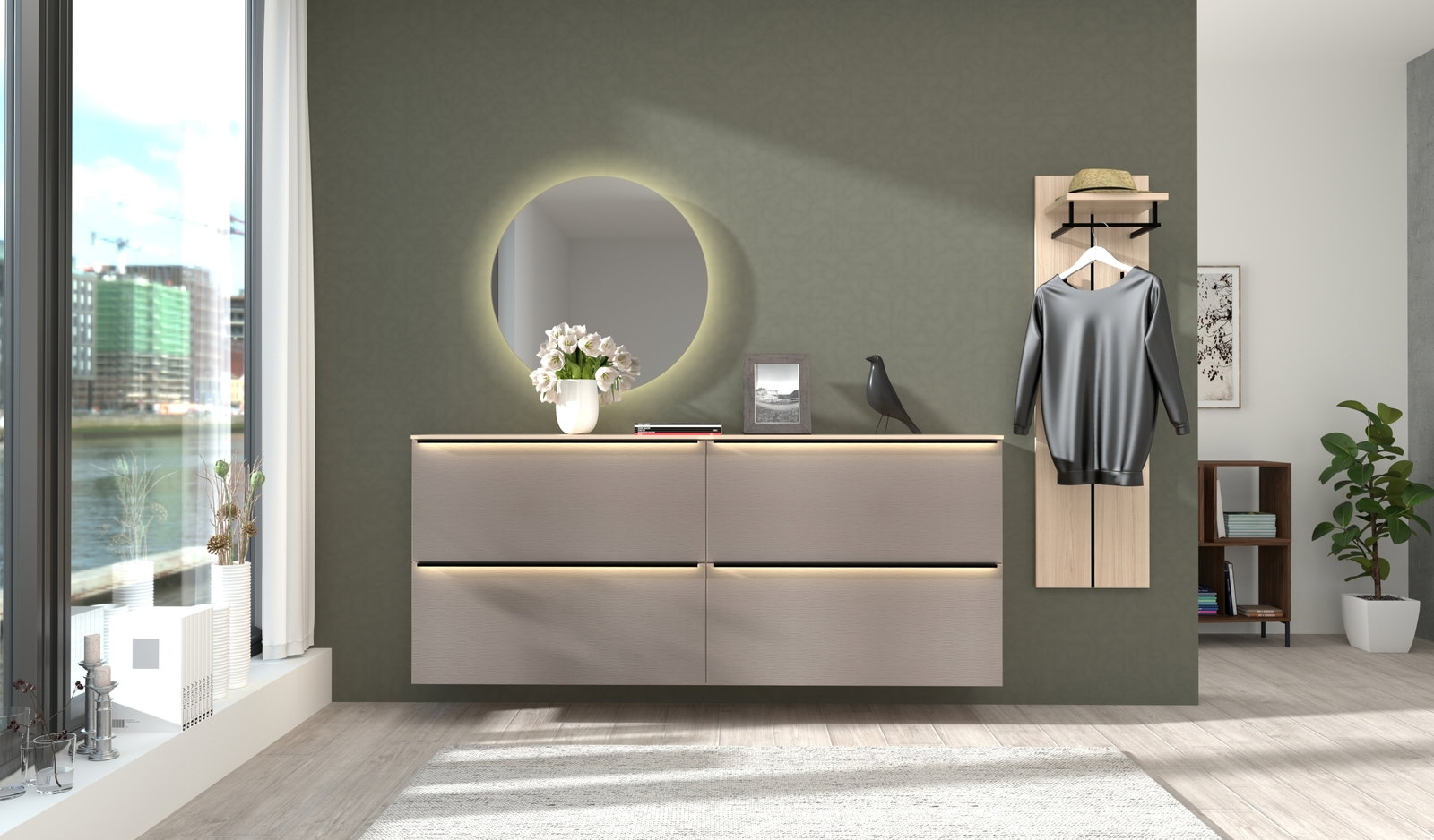 Moderne Garderobenkombination mit beleuchtetem Spiegel und Hängeschrank, seitliche Perspektive