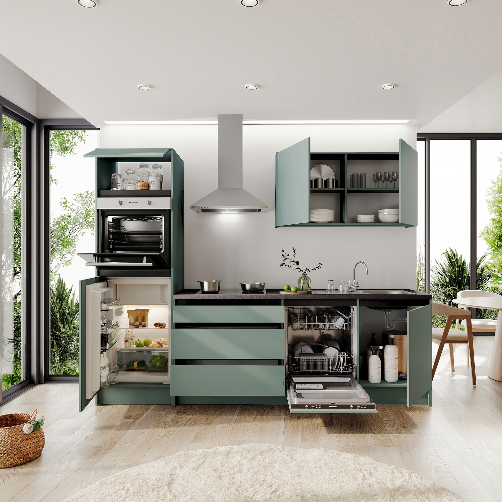 Moderne Küchenzeile mit offenen Schränken, eingebautem Ofen, Kühlschrank und Geschirrspüler, aus der Frontperspektive betrachtet.