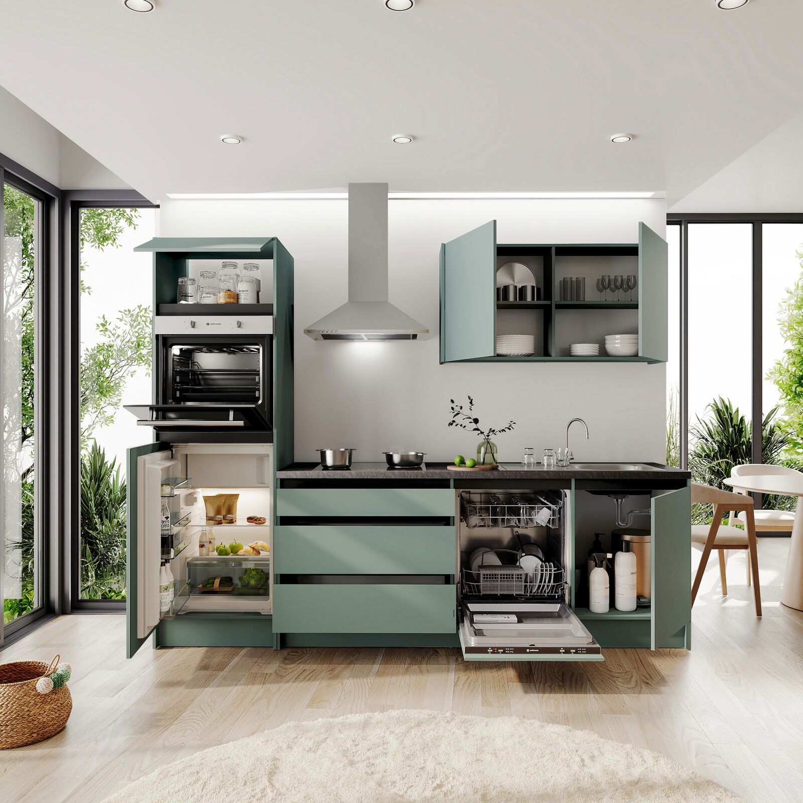 Moderne Küchenzeile mit offenen Schränken, eingebautem Ofen, Kühlschrank und Geschirrspüler, aus der Frontperspektive betrachtet.