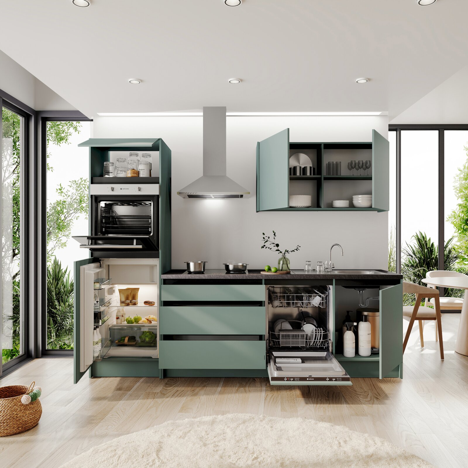 Moderne keukenblok met open kasten, ingebouwde oven, koelkast en vaatwasser, gezien vanuit de voorkant.