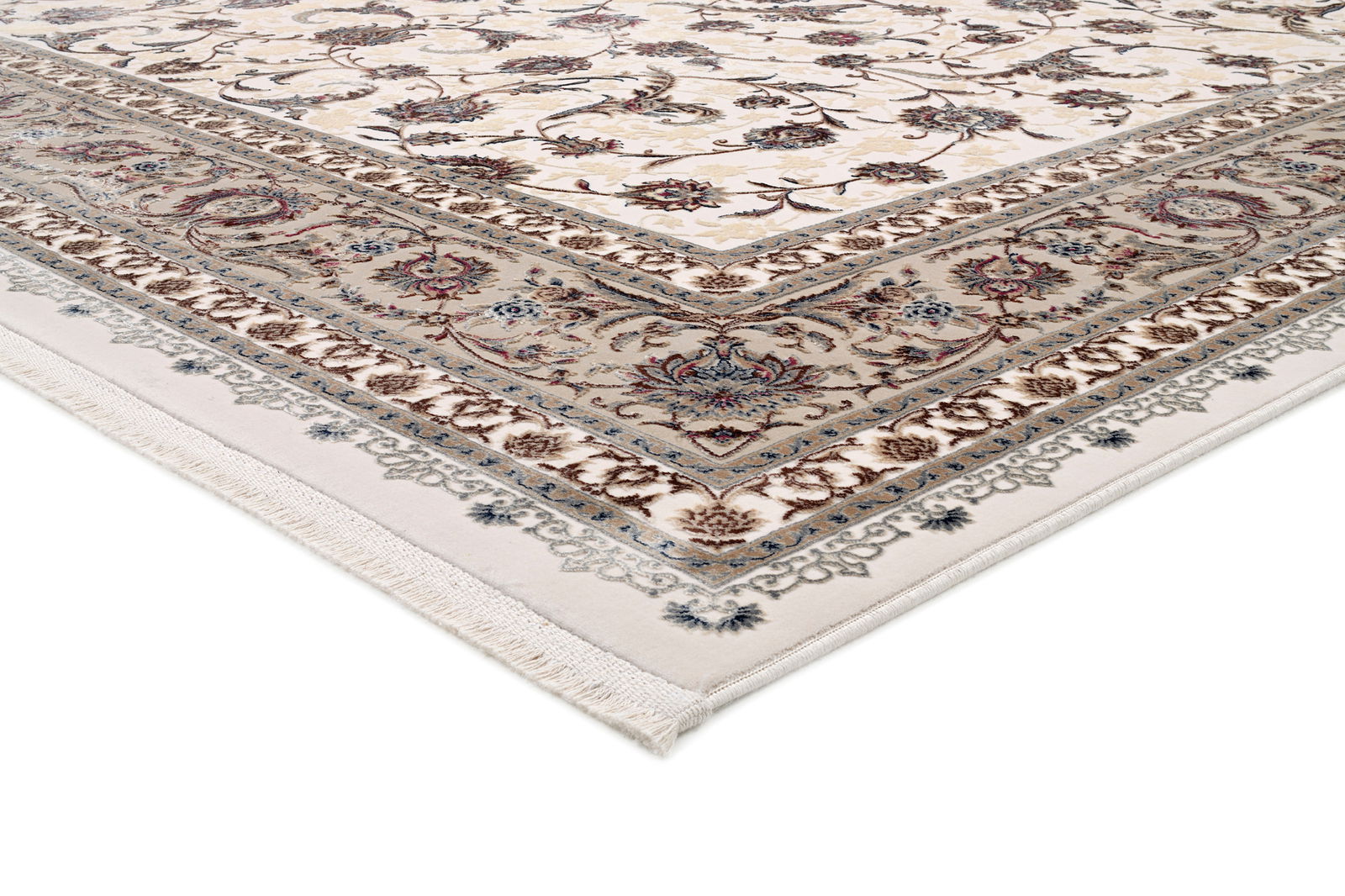 Orientteppich mit floralem Muster in Beige- und Brauntönen, perspektivisch von der Ecke aus fotografiert.