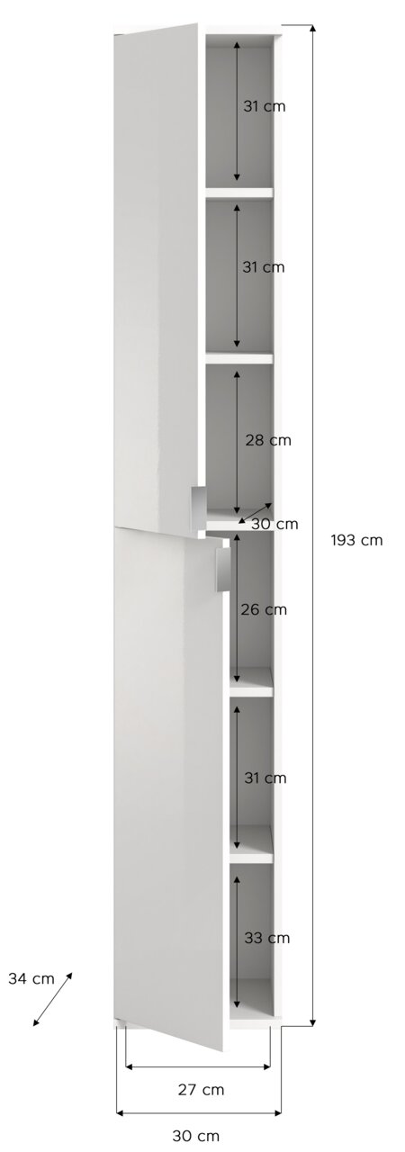 Hochschrank mit mehreren Fächern, geöffnet, seitliche Perspektive, Maße: 193 cm hoch, 30 cm breit, 34 cm tief.