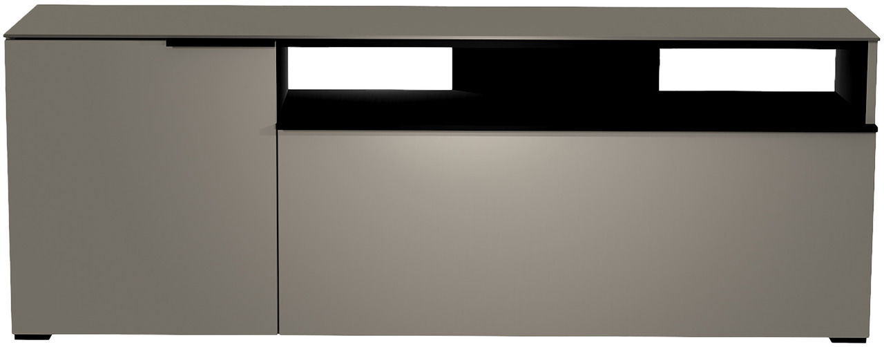 Frontansicht eines modernen TV-Lowboards der Serie BORMIO mit einem schlichten, eleganten Design in grauer Farbe.