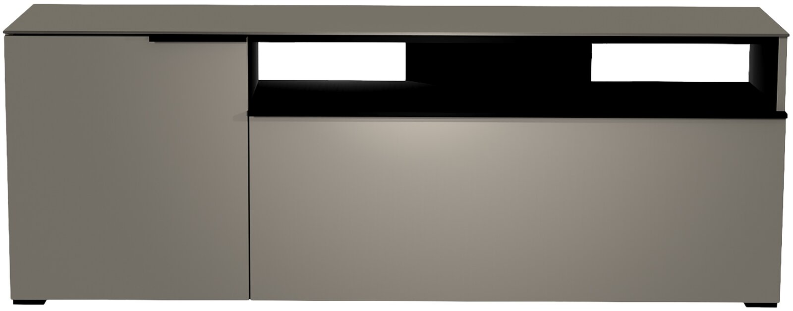 Frontansicht eines modernen TV-Lowboards der Serie BORMIO mit einem schlichten, eleganten Design in grauer Farbe.