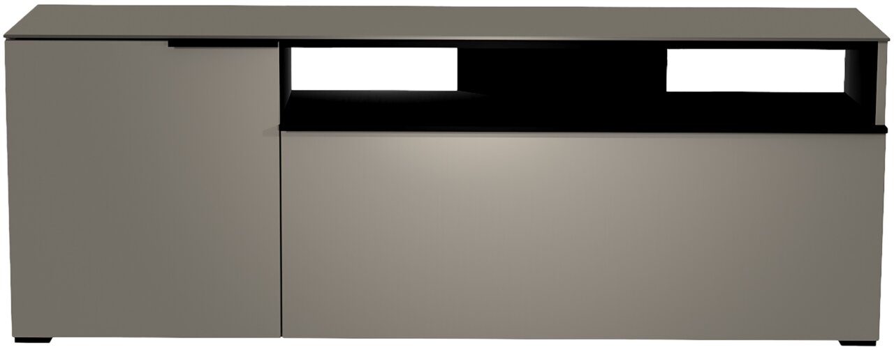 Frontansicht eines modernen TV-Lowboards der Serie BORMIO mit einem schlichten, eleganten Design in grauer Farbe.
