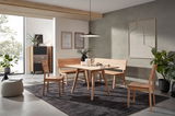 Moderne Esszimmer-Einrichtung mit Holztisch, Eckbank und Stühlen in einem hellen Raum mit Pflanzen und Wanddekorationen, seitliche Perspektive.