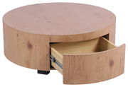 Runder Couchtisch aus Holz mit Schublade, Perspektive von vorne