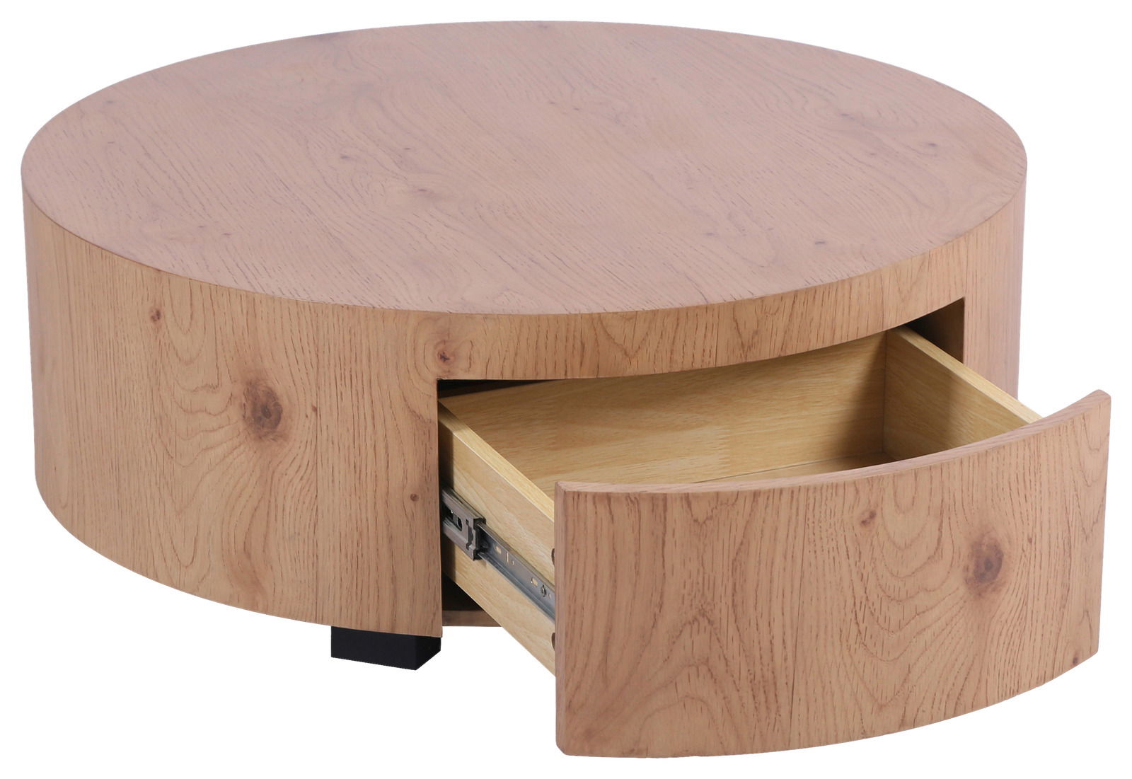 Runder Couchtisch aus Holz mit Schublade, Perspektive von vorne