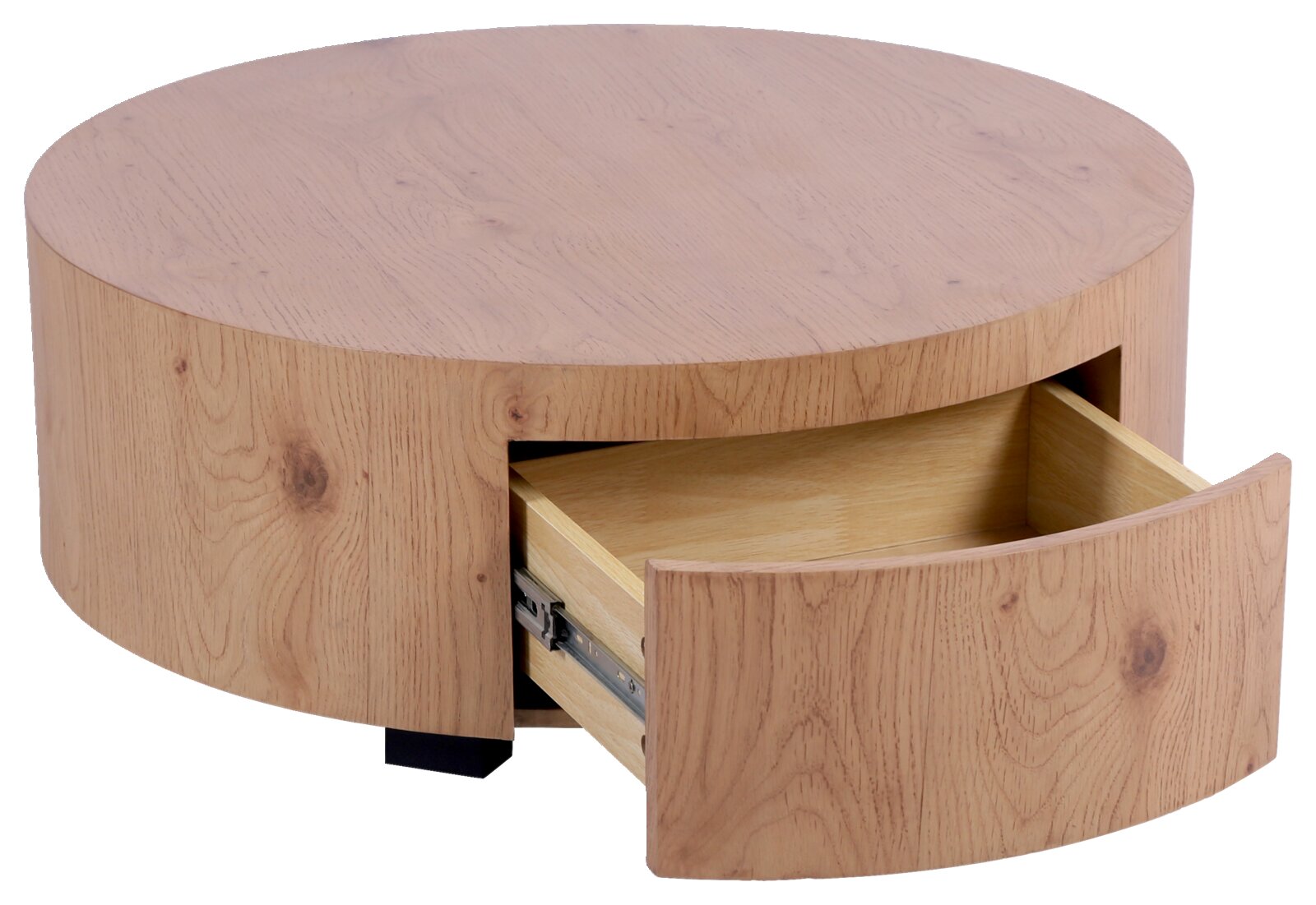 Runder Couchtisch aus Holz mit Schublade, Perspektive von vorne