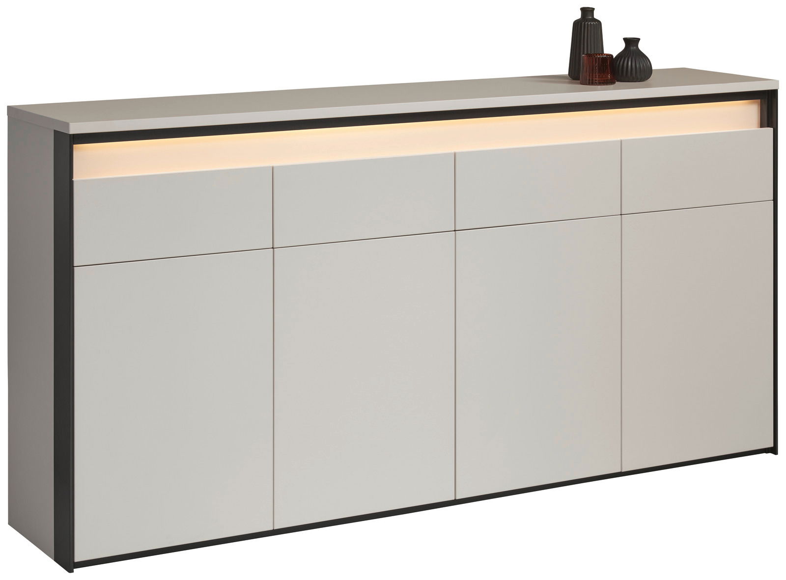 Modernes XL-Sideboard mit klaren Linien und integrierter Beleuchtung, seitliche Perspektive