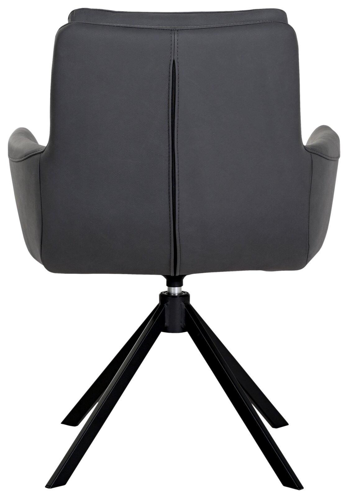 Rückansicht eines modernen Sessels mit schwarzem Lederbezug und vier schwarzen Metallbeinen.
