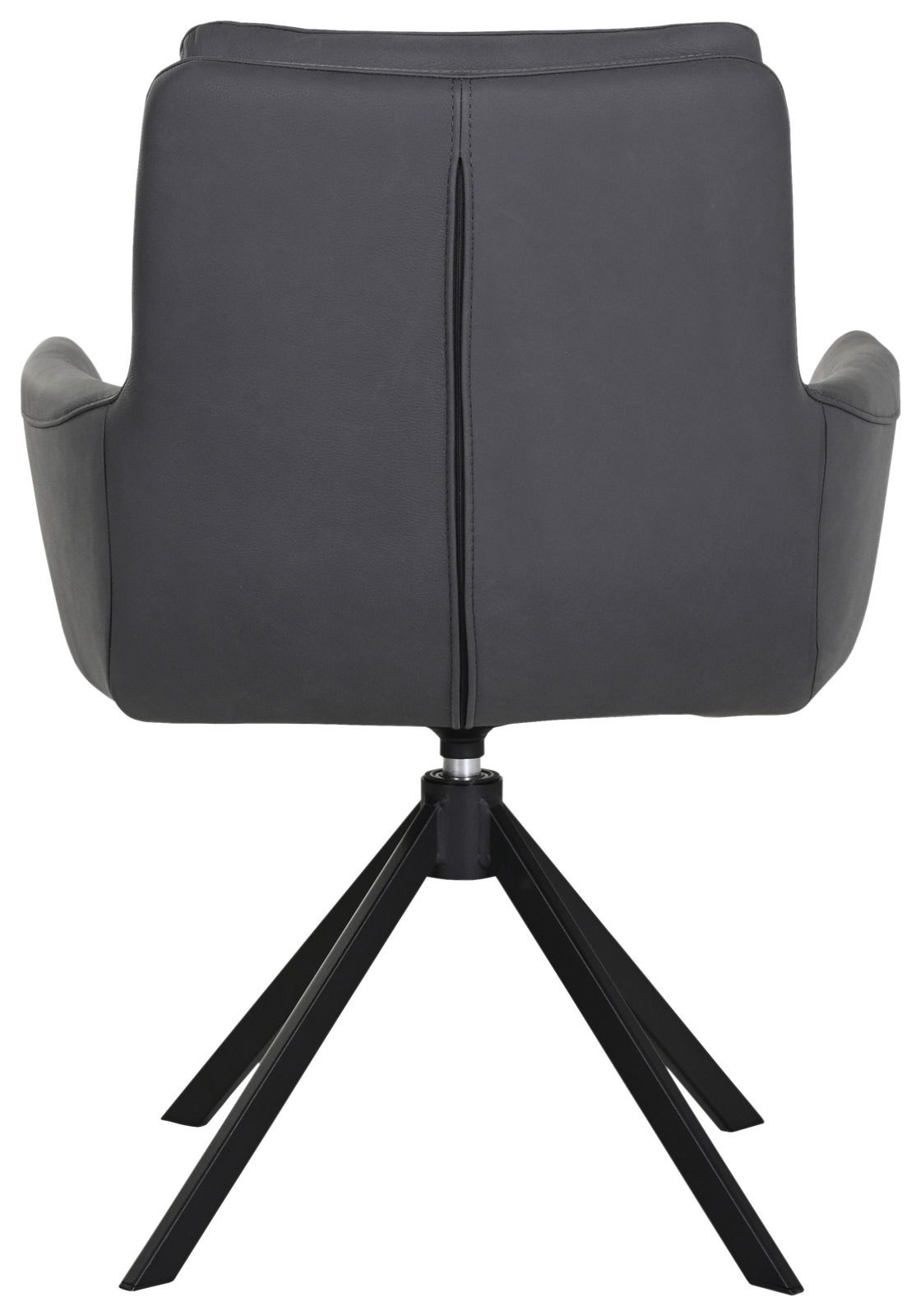 Rückansicht eines modernen Sessels mit schwarzem Lederbezug und vier schwarzen Metallbeinen.