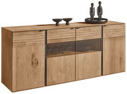 Holz-Sideboard mit wellenförmigen Fronten, Glaseinsatz und Dekorationen, seitliche Perspektive