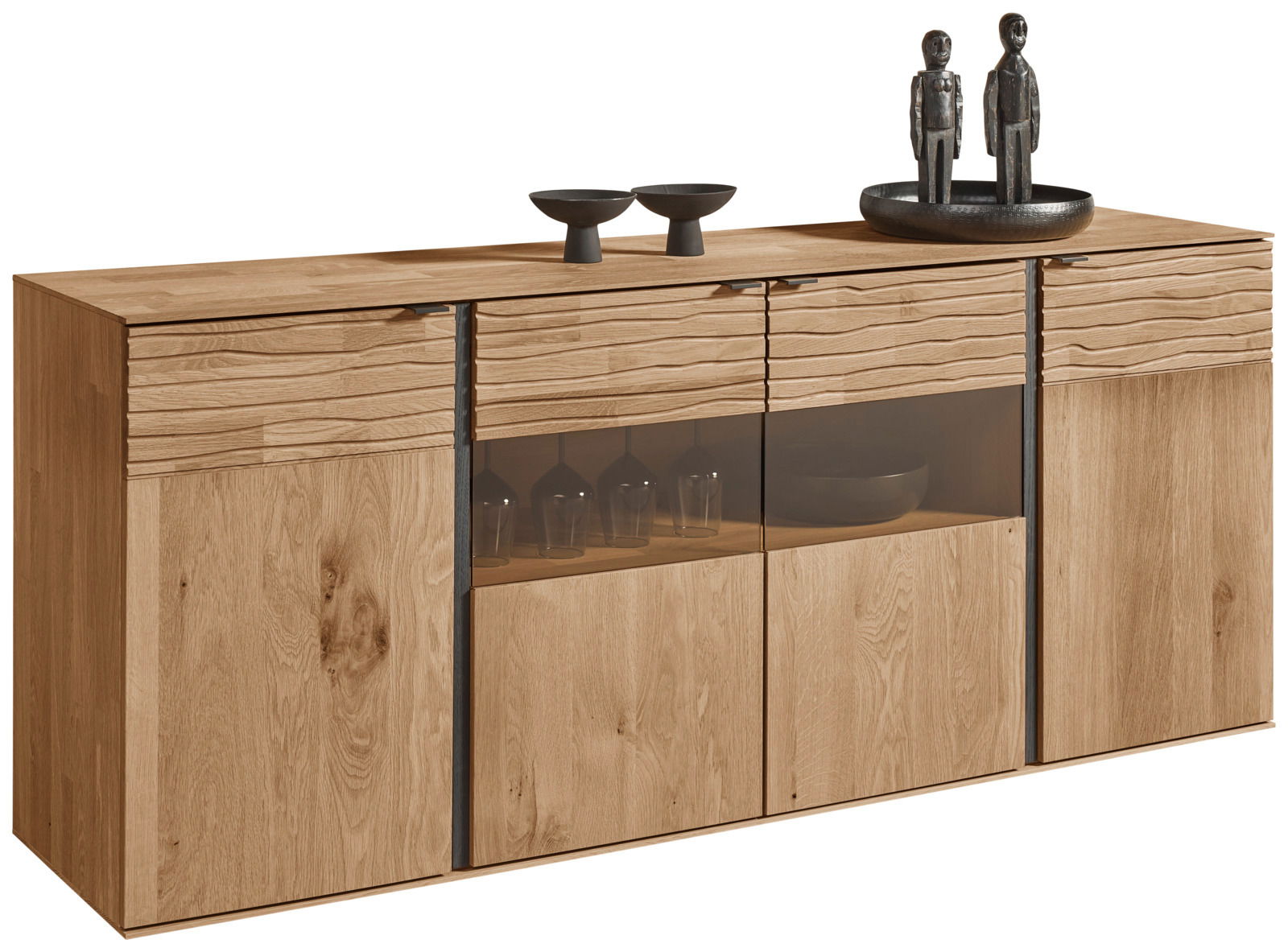 Holz-Sideboard mit wellenförmigen Fronten, Glaseinsatz und Dekorationen, seitliche Perspektive