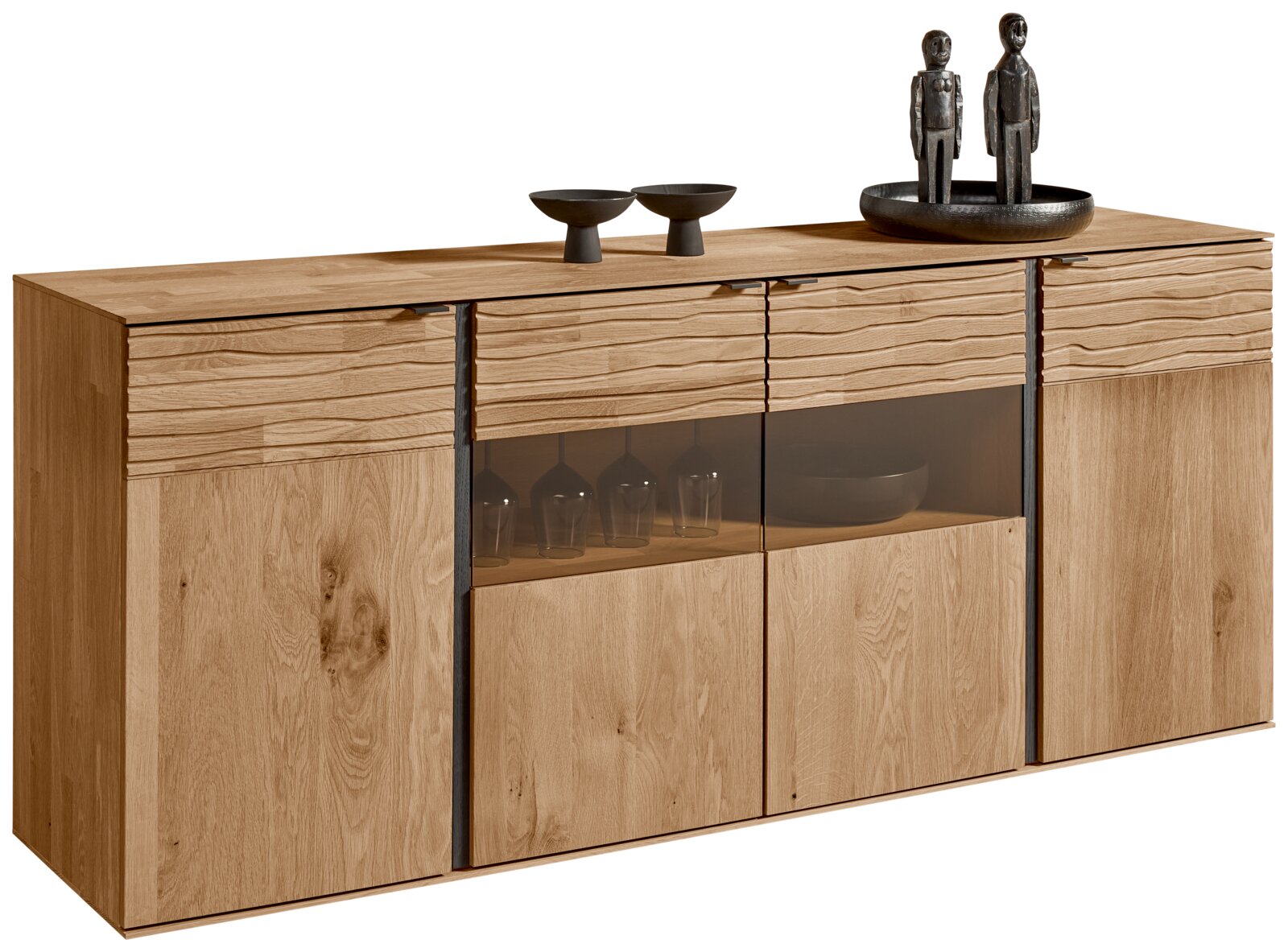 Valnatura Sideboard LEVIO Holz-Sideboard mit wellenförmigen Fronten, Glaseinsatz und Dekorationen, seitliche Perspektive