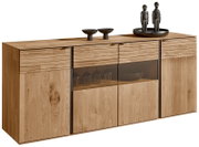 Houten dressoir met golvende fronten, glazen inzetstuk en versieringen, zijaanzicht