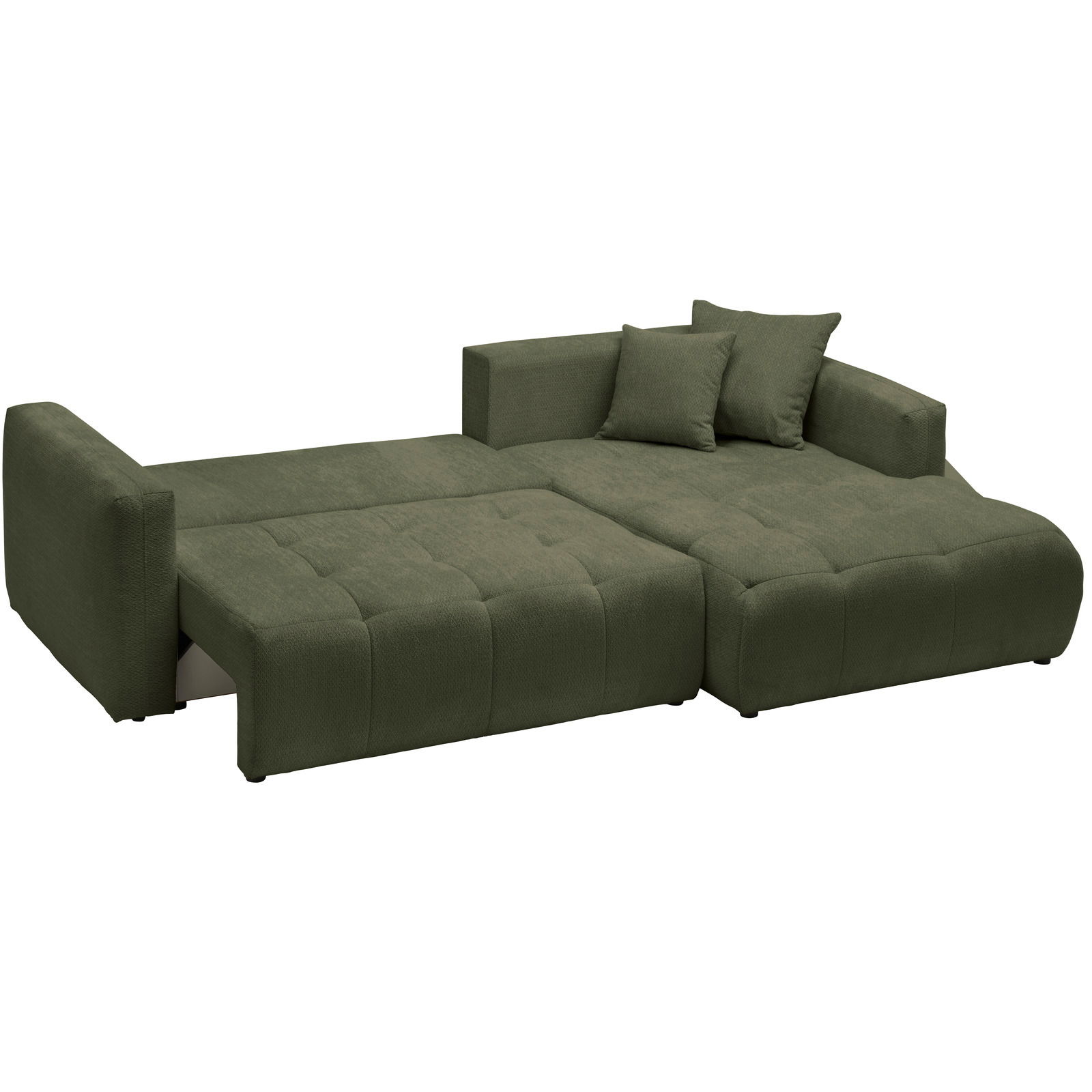 Grünes Ecksofa mit ausziehbarer Liegefläche, Ansicht von schräg vorne.