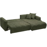 Grünes Ecksofa mit ausziehbarer Liegefläche, Ansicht von schräg vorne.