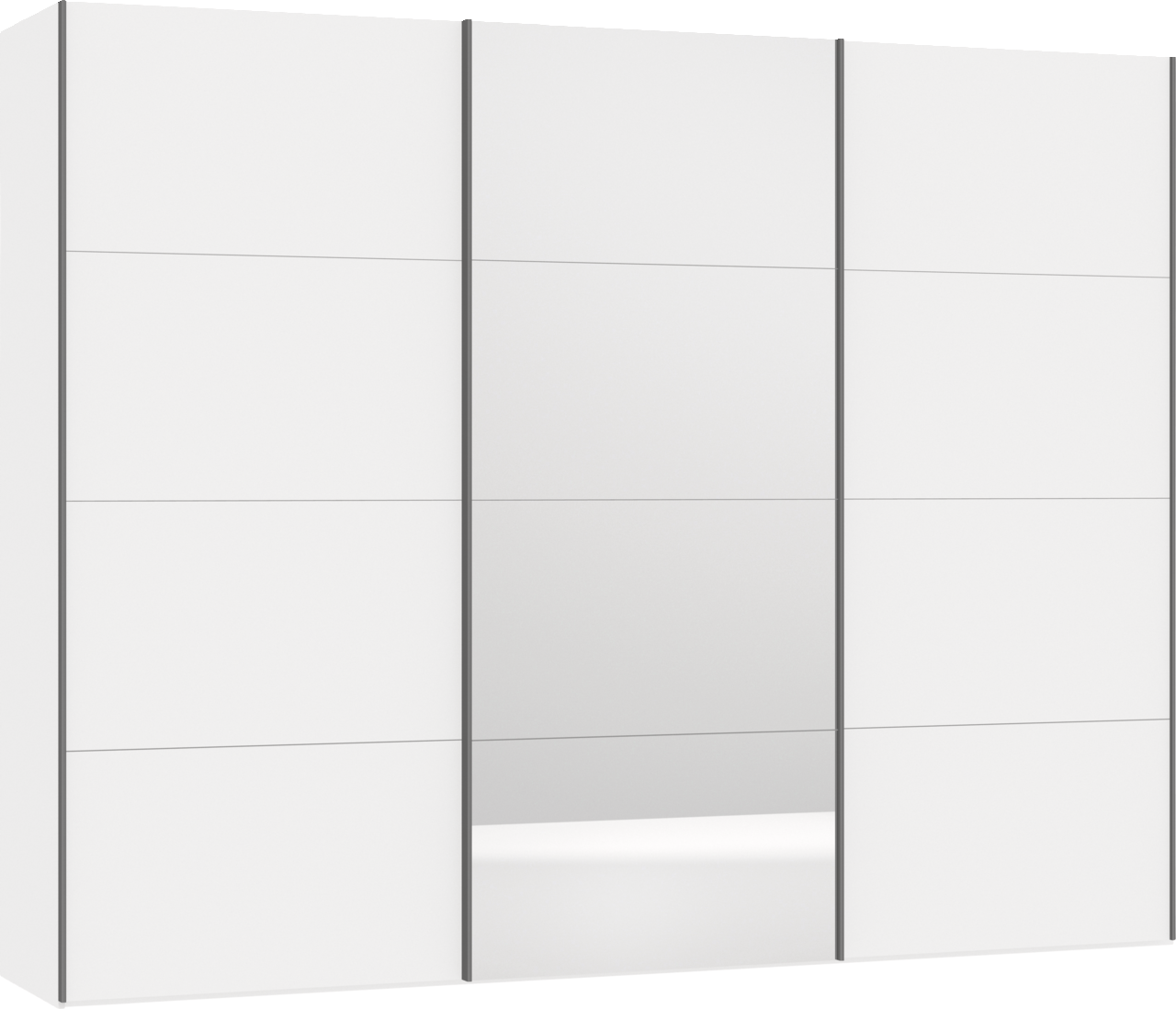 Schwebetürenschrank in Weiß mit Spiegel in der Mitte, seitliche Perspektive