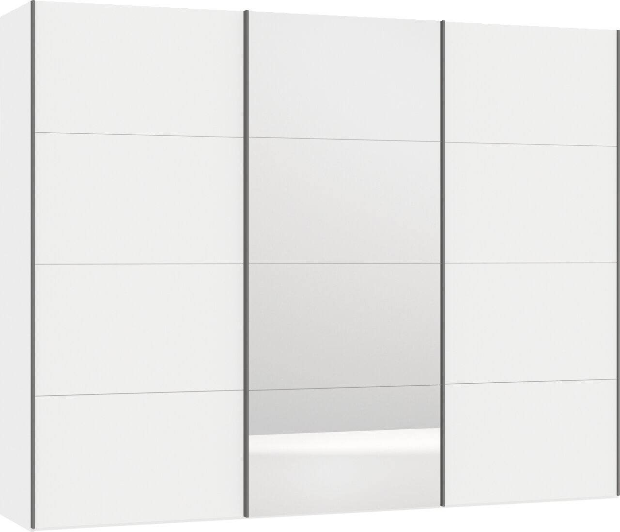 Schwebetürenschrank in Weiß mit Spiegel in der Mitte, seitliche Perspektive