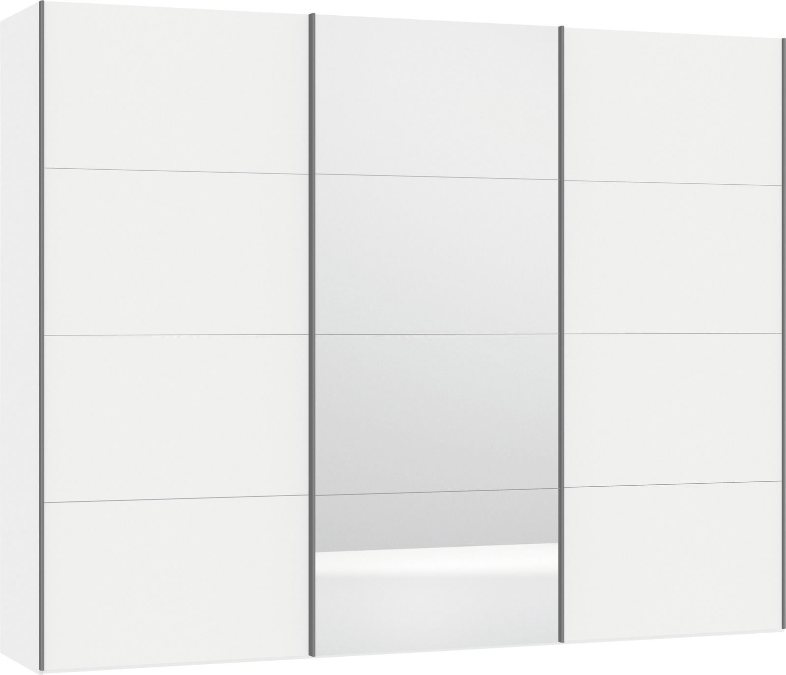 Schwebetürenschrank in Weiß mit Spiegel in der Mitte, seitliche Perspektive
