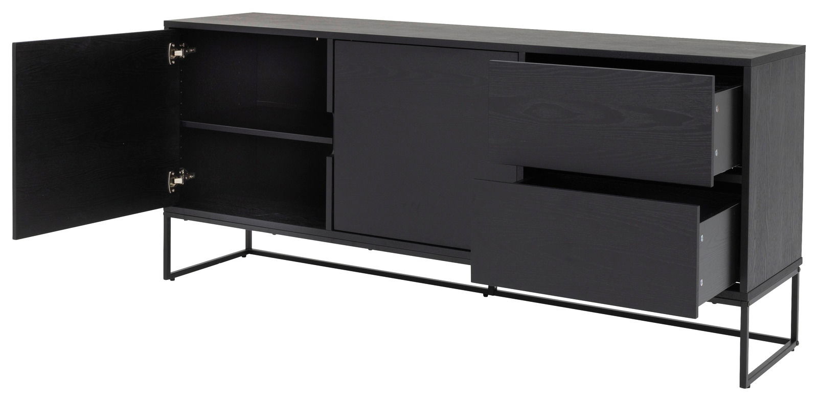 Schwarzes Sideboard mit offenen Schubladen und Tür, seitliche Perspektive