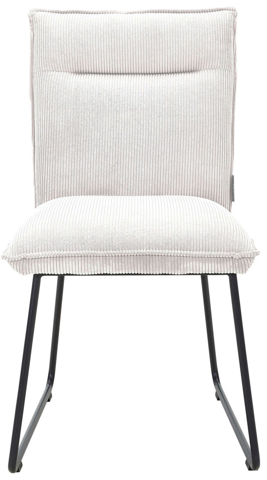 Vorderansicht eines modernen Stuhls mit hellem, geripptem Stoffbezug und schwarzen Metallbeinen.