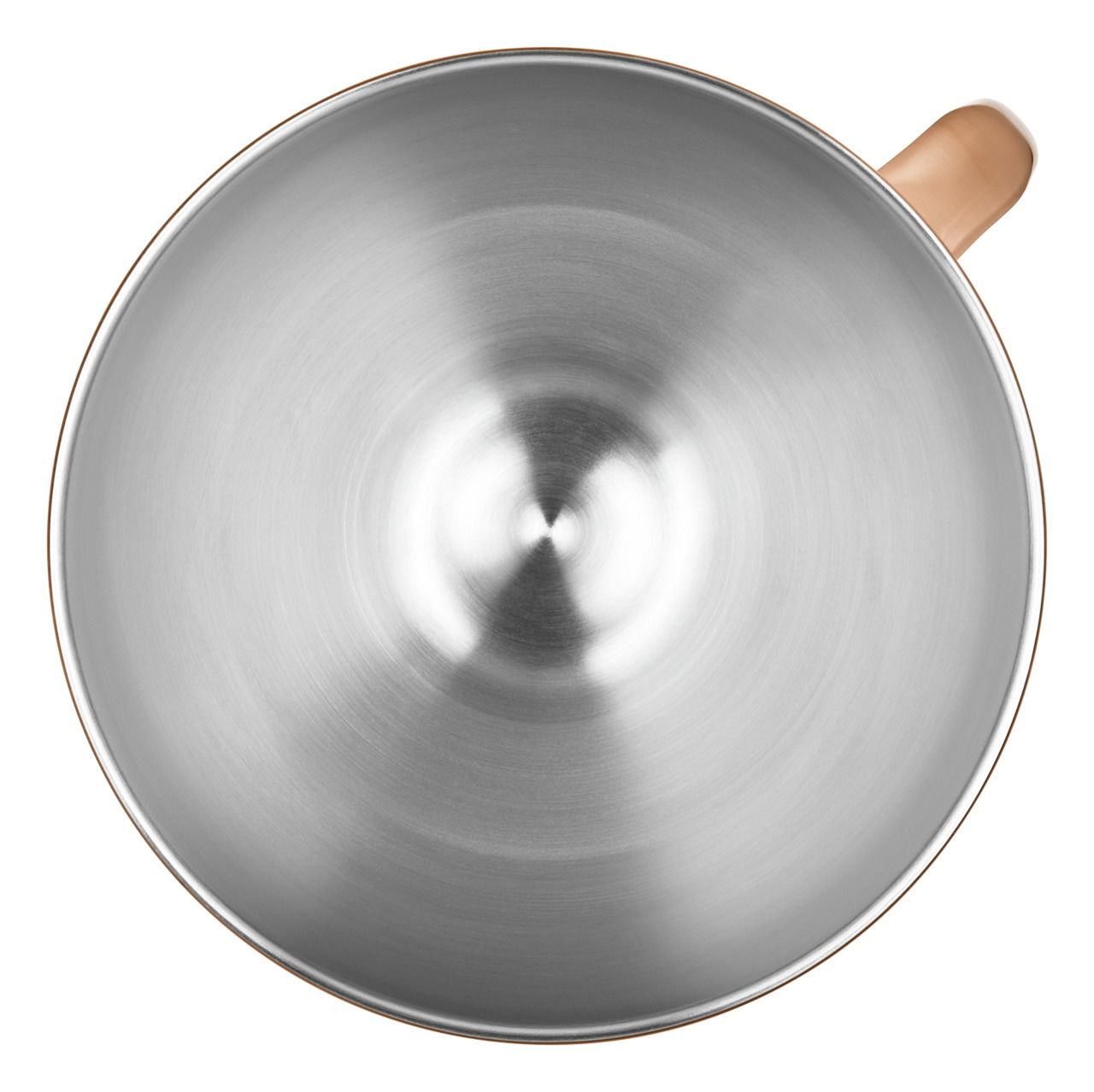 Ansicht von oben auf eine Metallschüssel aus Kupfer mit einem Griff.